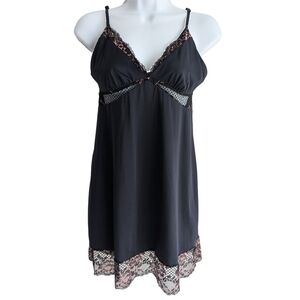 La Senza Women's Medium Black Mesh Panel Lace Trim Midi Full Slip Dress